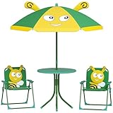 AIYAPLAY 4er Set Kindersitzgruppe Garten Kindersitzgarnitur mit 2 Klappstühle, höhenverstellbarem Sonnenschirm, Gartentisch, Bienen-Muster für 2-5 Jahre Kinder, Grün