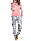 Bresdk Schlafanzug Damen Lang Winter Baumwolle Pyjama-Set mit Bündchen Rosa S