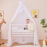 ALAVYA HOME® Betthimmel Tüll 120cm lang für Babybett & Wiege, Moskitonetz mit 2 Bommeln und Himmelstange I Babyzimmer Deko Schützt & Verzaubert Ihr Baby im Schlaf (Weiß)