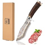 zayiko WildForge Jagdmesser mit 15 cm Klinge aus 67 Lagen Kupfer-Bronze-Damaststahl und edlem Hirschhorngriff I Handgefertigtes Outdoor Messer mit Lederscheide I Premium Jagd- und Küchenmesser
