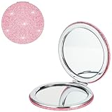 CYXZMYA Taschenspiegel Mit Vergrößerung,72mm Taschenspiegel,Leicht zu Tragen Runder Taschenspiegel,Doppelseitiger Niedlicher Kosmetikspiegel,Rosa Glitzer Handheld Klappbar Spiegel,für Frauen Mädchen.