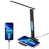 LED-Schreibtischlampe, 3 Farbmodi, 5 Helligkeitsstufen, faltbar, Ladefunktion, Uhr, Tischlampe, Nachtlicht mit kabellosem Ladegerät, 10 W, für Schlafzimmer, Büro, Arbeitszimmer (schwarz)