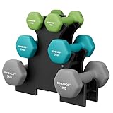 SONGMICS Kurzhantel Set, Hexagon, mit Hantelständer, 2 x 1 kg, 2 x 2 kg, 2 x 3 kg, mattes Finish, Neopren-Beschichtung, Krafttraining, zu Hause, limettengrün, aquamarin und hellgrau SYL612GN