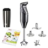 bamix Stabmixer Set M200 toGO inkl. Multifunktionsmesser, 4 Aufsätze, Isolierbecher, Smoothies Rezeptheft, 200 Watt, 2-Stufen, Edelstahl, Made in Switzerland - Schwarz