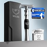 WOLOSS Rasierhobel Herren set Silber Schwarz, Öko-Lederetui und 10 Klingen, Plastikfreier Classic Nassrasierer geschlossener Kamm, langer Griff,Eco Sicherheitsrasierer für die Reise, Metallrasierer.