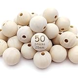 Kisvic Holzkugeln mit Loch 25mm, 50 Stück Runde Holzperlen Natur groß, Holzkugeln für armbänder zum Auffädeln für DIY Handgefertigte Dekorationen
