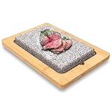 NutriChef Granitstein Grillplatte 38x27 cm – Teppanyaki Tischgrill mit Bambusplatte, Antihaft, 290 °C, rutschfest, Indoor & Outdoor