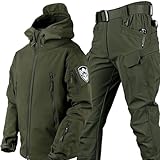 KEAAN Herren-Angleranzug, Winter, Haifischhaut, Softshell-Fleece, dick, Bergsteigen, Camping, Kleidung, Taktiktraining, wasserdicht, Set - Armeegrün | L