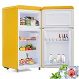 Merax Retro-Doppeltür-Kühlschrank: Stilvoll, Energiesparend mit 72 Litern Volumen und 21 Litern Gefrierraum, LED-Licht - Gelb