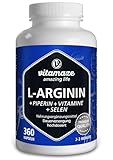 L-Arginin Kapseln hochdosiert, 360 Kapseln mit VITAL-Formel B6, B12, Folsäure, Selen und Piperin für 3 Monate, Nahrungsergänzung ohne unnötige Zusätze, Made in Germany
