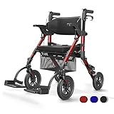 VOCIC 2 in 1 Rollstuhl Rollator Faltbar und Leicht mit Sitz,Outdoor Gummireifen für Allen Gelände,Leichtgewicht Rollatoren mit Netztasche,Aluminium Gehhilfer Transport-Stuhl,Rot (5 Jahre Garantie)