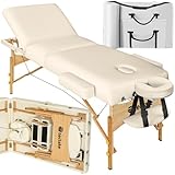 tectake® Mobile Massageliege klappbar, mit 3 Zonen, Massagetisch mit 7,5cm Polsterung, höhenverstellbar, Kopf- und Armstütze, Massagebank mit Holzfüßen, Tragetasche - beige