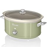 Swan Retro SF17031GNEU Slow Cooker 6,5L Abnehmbarer Kochbehälter, PFOA- und PTFE-freier Keramischer Antihaft-Behälter, 3 Temperaturstufen, Glasdeckel, Vintage-Design, Grün, 320W