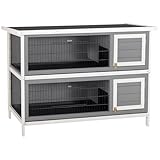 PawHut Hasenstall 2 Ebenen Kaninchenstall aus Vollholz Winterfest Doppelstockhaus mit Bodenwannen 136,4 x 50 x 93 cm Kaninchenkäfig Kleintierstall für Kleintiere Kaninchen Indoor Outdoor Grau