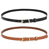 WHIPPY 2er-Pack dünner Damen Ledergürtel schmaler Taillengürtel schmal Gürtel mit goldener Kreisschnalle für Kleid Hose Jeans，schwarz/braun，100cm