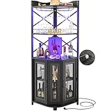 iSunirm Eck-Barschrank mit Steckdose, industrieller Weinschrank mit LED-Streifen und Glashalter, 5-stöckiges Spirituosenregal für Zuhause, Eckvitrine für kleine Räume, Schwarz
