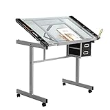 sogesfurniture Zeichentisch Architektentisch aus Gehärtetem Glas, Neigungsverstellbar, rollbarer Computertisch Schreibtisch mit Stauraum, für Handwerk, Schreiben, Malen, BHEU-UT-DT1033-WT