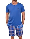 Jahetuul Pyjama Herren kurz Schlafanzug Jungen Rundhals Schlafanzugoberteil Schlafanzughose Zweiteiliger Shorty Pyjama Hausanzug Loungewear Baumwolle