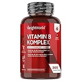 Vitamin B Komplex mit Vitamin C - 365 vegane Tabletten (Jahresvorrat) - Alle 8 B Vitamine - 150µg Biotin, 200µg Folsäure, 50µg Vitamin B12 pro Tablette - Gut verträglich & bioverfügbar - WeightWorld