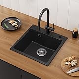 CECIPA Küchenspüle Schwarz Granit 45x45cm, Spülbecken küche, Spüle Schwarz, Waschbecken Küche Eckig, Granitspüle Schwarz, Moderne Einbauspüle Set, Spüle Küche Mit 2 Hahnlöcher, 1 Becken