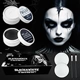 140g Halloween Schminke Schwarz Weiß（70g pro Stück）mit 2 Pinseln+2 Puderquaste, Gesichtsfarbe Halloween Make up, für Theaterschminke Skelett Zombie Vampir Schminke Faschingsschminke