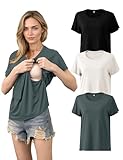 SUNNYBUY Still T-Shirts 3er-Set – Stillshirt Kurzarm für Damen – Bequeme Umstandsmode für Schwangerschaft und Stillzeit, Schwarz+Cremeweiß+Anthrazitgrau L