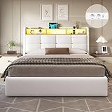 DICTAC Polsterbett 160x200 mit Bettkasten,LED Beleuchtung und Steckdosen Doppelbett 160x200cm mit Hydraulisch Stauraum,Kopfteil und USB-Anschlüssen Leinen Bettgestell 160x200 mit Lattenrost,Weiß