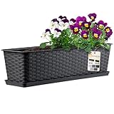 KADAX Balkontopf mit Untersatz, Pflanzkasten, Balkonkasten mit Wasser Öffnungen, Blumenkasten für Rosen, Oleander, Rattan Imitation (60cm, Anthrazit)
