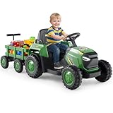 GOPLUS 12V Kinder Elektrischer Traktor mit Anhänger, Elektro Traktor mit 2,4G Fernbedienung, Elektrofahrzeug mit LED-Licht, Musik & Hupe & Bluetooth, Elektroauto für Kinder von 3-8 Jahren (Dunkelgrün)