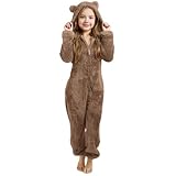 bademantel 164 mädchen, Teddy Fleece Einteiler Overall Mädchen Winter Warm Onesie Kinder Pyjama mit Kapuze und Reißverschluss Weich Schlafanzug Jumpsuit Einfarbig Schlafoverall Hausanzug Khaki 158