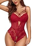Avidlove Sexy Unterwäsche Für Frau Body Spitze V-Ausschnitt Dessous Netz Reizwäsche Korset One Piece Weinrot L