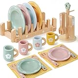 Atoylink Kinderküche Zubehör Holz Geschirr Teeservice Kinder, Geschirrset mit Tassen Teller, Spielküche Zubehör Holz Küchenzubehör Spielzeug Rollenspiel Geschenk für Mädchen Jungen 3 4 5 6 7 8 Jahre