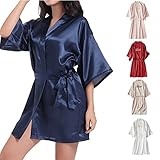 Kurzer Damen-Bademantel, Sommer-Stil, Brautmantel mit schrägem Satin-Bademantel, Nachthemd, einfarbig, Kimono, Morgenmantel, weich, für Hochzeit, Party, Nachtwäsche, rose, L
