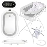 Primabobo Faltbar Babybadewanne, Große Babywanne faltbar, Kinderbadewanne mit Badesitz, für Babys von 0-36 Monaten (Premium Grau (Gestell, Badekissen, Thermometer), Faltbare Babybadewanne)