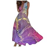 Sommerkleider Damen Sexy Lässig V-Ausschnitt Ärmellos Blumendruck Strandkleider A-Linie Maxikleid Partykleid Freizeitkleid Hohe Taille Tunikakleid 7#Dunkelviolett M