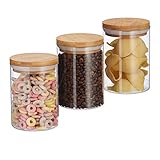 Relaxdays Vorratsdosen Glas, 3er Set, für Pasta, Reis, Müsli, Kaffeebohnen, Volumen 600 ml, HxD 14x9,5 cm, , natur, Transparent, Hellbraun, Natürlich