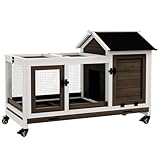 PawHut Zwergkaninchenstall aus Holz, 108 x 58 x 73,5 cm Kleintierstall mit Freilaufgehege, Rädern, Klappdach, Zwergkaninchenkäfig mit Ausziehbarem Tablett für Indoor, Outdoor, Kaffee