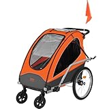 VEVOR Fahrradanhänger Doppelsitz, 54 kg Tragkraft, 2-in-1-Verdeckträger, umbaubar in Kinderwagen, Faltbarer Kinderfahrradanhänger zum Ziehen mit universeller Fahrradkupplung, Orange und Grau