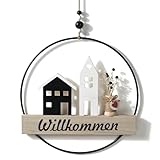 Optyuwah Trockenblumenkranz, Türkranz Willkommen mit Schwarz-weißes Haus und Trockenblumen,personalisiert Dekokranz ø28cm Trockenblumen für Wand,Tür,Fenster Deko
