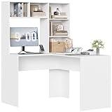 FirFurd Eckschreibtisch Weiß Schreibtisch L Form Computertisch mit Bücherregal PC Laptop Tisch Tisch für Büro Arbeitszimmer Wohnzimmer Homeoffice 152,5 x 124,7 x 107,8 cm