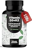 Vitamin D3 K2 hochdosiert – 120 Tabletten mit 5000 IE D3 & 200 µg K2 – 99,7+% All-Trans K2-MK7 - Vitamin D - produziert in Deutschland - Verpackung kann variieren