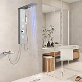 OUGOO Duschpaneel ohne Armatur, LED Duschsäule Komplettset, Regendusche, quadratischen Massagedüsen, Handbrause und Badewannenauslauf, 304 Edelstahl Gebürsteter