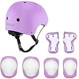 Skateboard Helm Kinder, COOLGOEU 7 in 1 Protektorenset Kinder mit Knieschoner, Ellenbogenschoner und Handgelenkschoner für Inlineskates, Skateboard, Hoverboard, Fahrrad, BMX-Fahrrad (Lila)