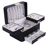 KAMIER Schmuckaufbewahrung, Schmuckkästchen mit 3 Ebenen PU-Leder, Schmuckschatulle Groß mit Schubladen,Jewelry Box für Damen, Samtiger Schutzschmuck Ohrring Ring, Armbänder (Black)