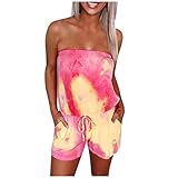 Ärmelloser Strand-Overall, kurz, Batik-Strampler, Sommer, trägerlos, Damen-Jumpsuit mit Reißverschluss vorne, hot pink, 46
