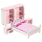 7 Stück Schlafzimmer Puppenhaus Puppenhausmöbel,Möbelset Puppenhauszubehör,Schrank Möbel,Schlafzimmerset,Doppelbett,Bett,Bettwäsche,Zubehör Spielzeug- Minipuppen-Puppenmöbel aus Vollholz
