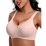 Nahtlose Mesh-Spitzen-BHS für Damen, ohne Bügel, Haltungskorrektur, Push-up, Anti-Durchhängen, volle Abdeckung, sexy Bralettes mit tiefem V-Ausschnitt (Pink,L)