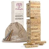 WeddingTree Holzturm als Gästebuch Hochzeit - Mit 72 Steinen, Aufbewahrungsbeutel und 3 Metallic Markern - Hochzeitsspiel als Gästebuch Alternative - Hochzeit Ideen (Natur)