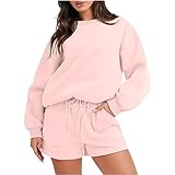 Jogginganzug Damen Set Zweiteiler Einfarbig Trainingsanzug Fleece Pullover Shorts Bequeme Langarm Sweatshirt 2-Teiliges Sportanzug Locker Casual Loungewear Fashion Frauen Freizeitanzug