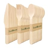 150 Pack Wegwerf-hölzernes Besteck-Set, umweltfreundliche 50 Löffel 50 Gabeln 50 Messer, Plastikfreie Verpackung, Ersatz für Kunststoff und Bambus Besteck, Wegwerfbesteck für Parteien, Reisen